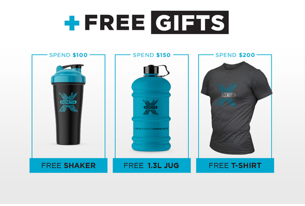 FREE Gifts • Spend $100 = FREE Shaker • Spend $150 = FREE 1.3L Jug • Spend $200 = FREE T shirt